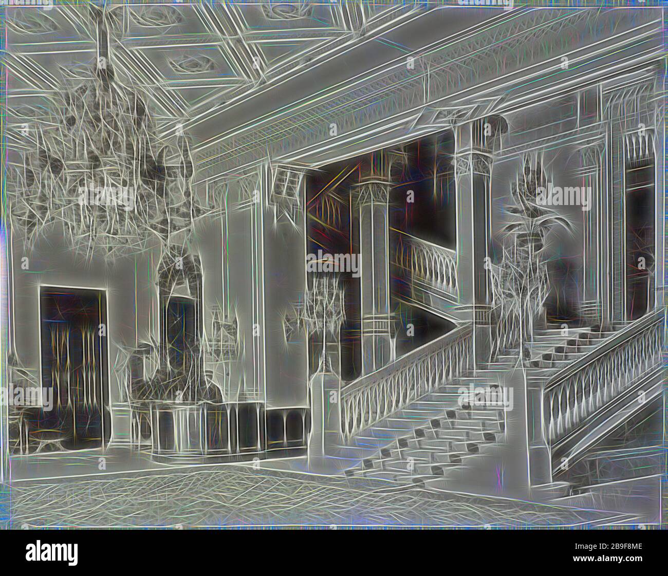Ghezirah Palace Hotel, zeigt die Hotellobby und Grand Staircase 1906, Reisealben von Paul Fleurys Reisen in den Nahen Osten, Lékégian, G., Matte collodion Druckpapier (p.o.p.), fotografiert Ca. 1890, von Gibon neu erdacht, Design von warmem, fröhlichem Leuchten von Helligkeit und Lichtstrahlen. Klassische Kunst mit moderner Note neu erfunden. Fotografie, inspiriert vom Futurismus, die dynamische Energie moderner Technologie, Bewegung, Geschwindigkeit und Kultur revolutionieren. Stockfoto
