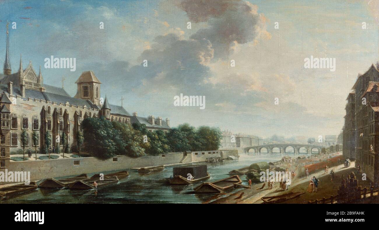 DER PALAST DES ERZSTIFTS ANSICHT DES LINKEN BANKHAUSES NICOLAS-JEAN-BAPTISTE RAGUENET (1715-173). "Le palais de l'Archevêché vu de la rive gauche, 1756". Huile sur toile. Paris, musée Carnavalet. Stockfoto