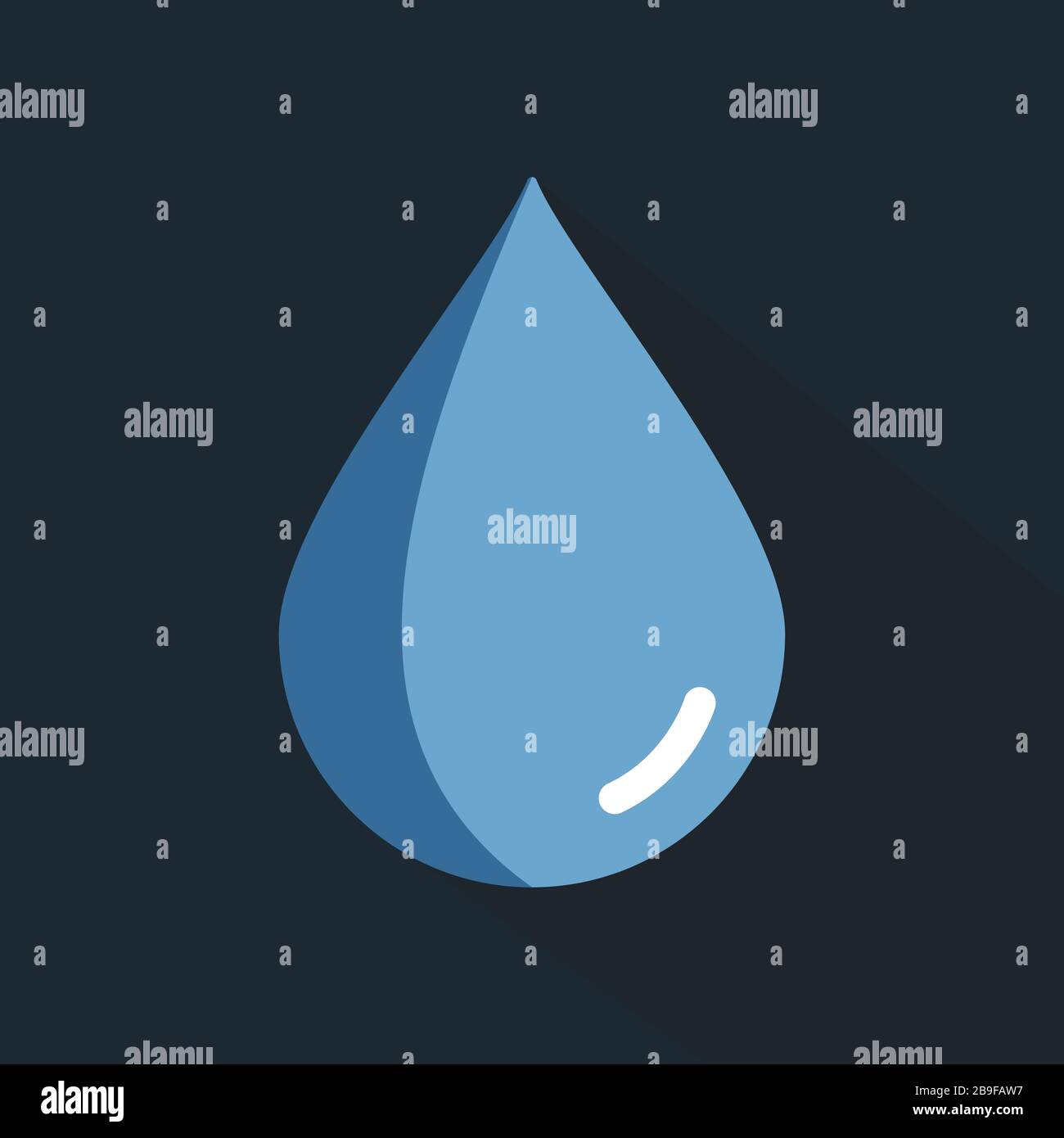Einfacher flacher Wassertropfen mit Schatten isoliert auf dunkelblauem Hintergrund. Vorlage für Tropfensymbole für ein Designkonzept. Vektorgrafiken in modischer Wohnung Stock Vektor
