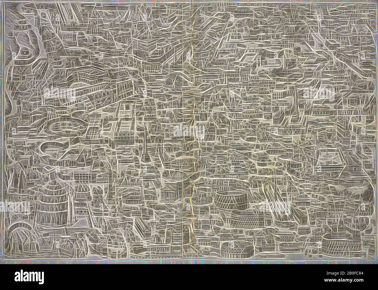 Blatt 3, Anteiqvae vrbis imago accvratissime ex vetvsteis monvmenteis formata, Bos, Jacobus, fl. 1549-1577, Ligorio, Pirro, Ca. 1510-1583, Gravur, 15--?, die 12 konstituierenden Blätter wurden paarweise mit vertikaler Überlappung zu 6 Blättern verbunden, die jeweils 52 x 76 cm groß sind und an der Mittelfalte aufgehängt sind. Wenn die 6 Doppelblätter in 3 horizontalen Reihen zu je 2 angeordnet sind, bilden sie einen Eindruck von ca. 130 x 144 cm: Luftbild von Rom, 16. Jahrhundert. Das von Gibon neu vorgestellte Reliefformat zeigt sich in piktorialer Weise, nach Osten ausgerichtet, in Form von warmem, fröhlichem Leuchten von Helligkeit und Lichtstrahlen. C Stockfoto