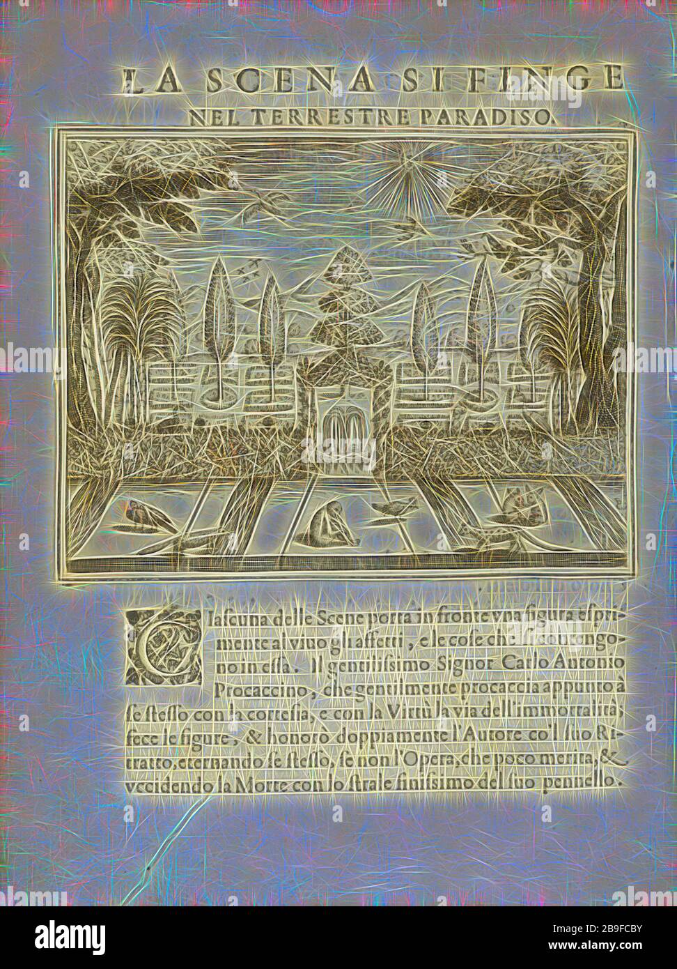 La scena si finge nel terre paradiso, L'Adamo: sacra rapresentatione, Andreini, Giovanni Battista, B. 1578, Bassano, Cesare, 1584-1648, Procaccino, Carlo Antonio, 1555?-1605?, Gravur, 1617, über mögliche Namensnennung an Cesare Bassano, siehe Saur. Darstellung von Garten Eden, von Gibon neu vorgestellt, Design von warmem, fröhlichem Leuchten von Helligkeit und Lichtstrahlen. Klassische Kunst mit moderner Note neu erfunden. Fotografie, inspiriert vom Futurismus, die dynamische Energie moderner Technologie, Bewegung, Geschwindigkeit und Kultur revolutionieren. Stockfoto La scena si finge nel terre paradiso, L'Adamo: sacra rapresentatione, Andreini, Giovanni Battista, B. 1578, Bassano, Cesare, 1584-1648, Procaccino, Carlo Antonio, 1555?-1605?, Gravur, 1617, über mögliche Namensnennung an Cesare Bassano, siehe Saur. Darstellung von Garten Eden, von Gibon neu vorgestellt, Design von warmem, fröhlichem Leuchten von Helligkeit und Lichtstrahlen. Klassische Kunst mit moderner Note neu erfunden. Fotografie, inspiriert vom Futurismus, die dynamische Energie moderner Technologie, Bewegung, Geschwindigkeit und Kultur revolutionieren. Stockfoto