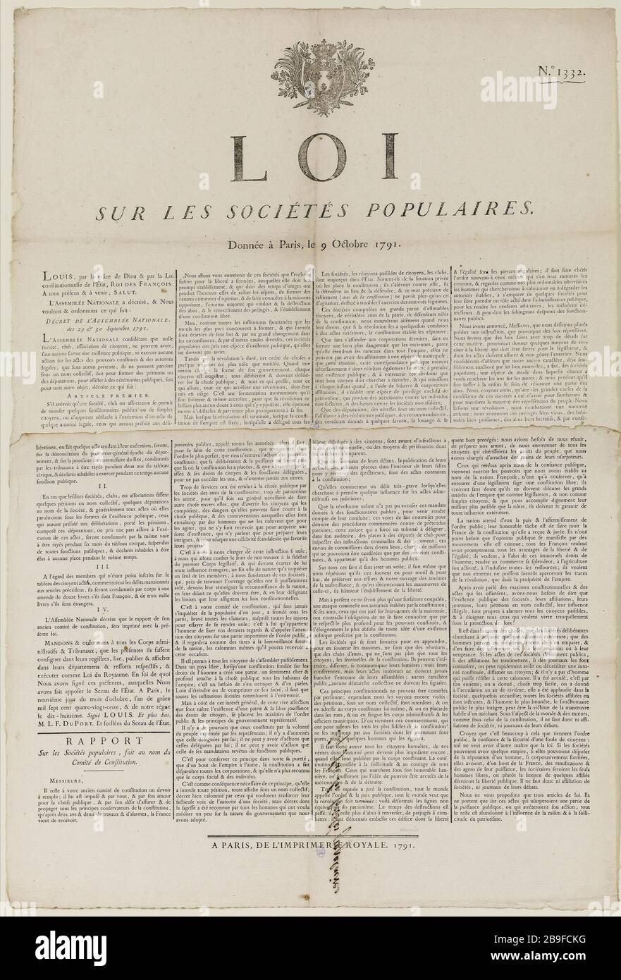 Nr. 1332 UNTERNEHMEN HANDELN BELIEBT Anonyme. "Nr. 1332 Loi sur les Sociétés Populaires". Grav.bois/Typog.. Jahrhunderts. Paris, musée Carnavalet. Stockfoto