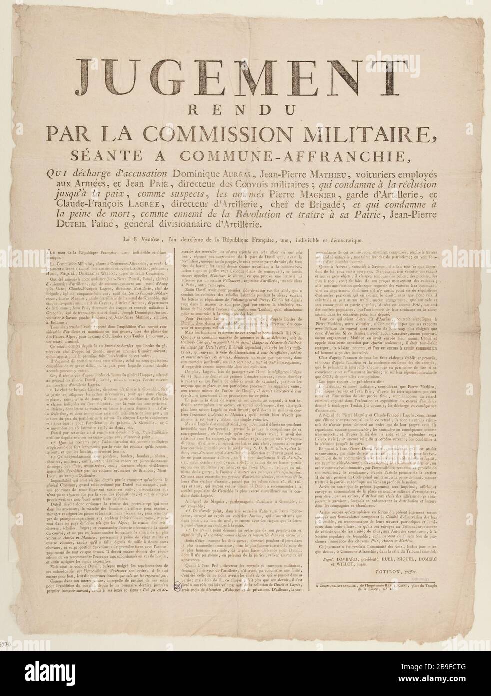 URTEIL DER KOMMISSION MILITAIRE.DOMINIQUE AUREAS ANONYME. "Jugement rendu par la Commission Militaire. Dominique Auréas'. Typographie. 1793. Paris, musée Carnavalet. Stockfoto
