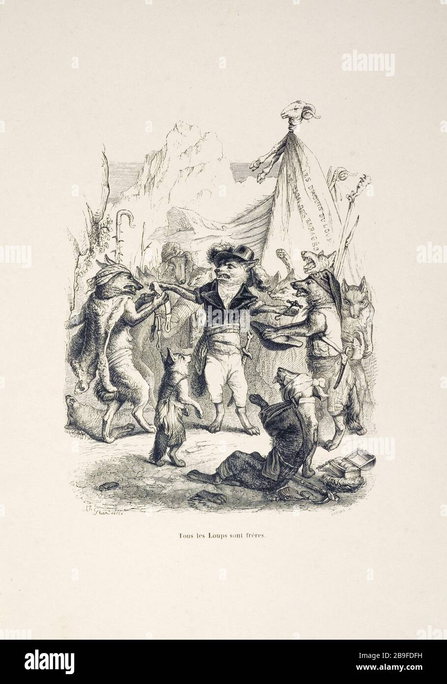 SZENEN DER PRIVATSPHÄRE UND DER ÖFFENTLICHEN TIERE - WÖLFE SIND ALLE BRÜDER Jean-Ignace-Isidore Gérard, dit Grandville (1803-1847). "cènes de la vie privée et publique des animaux - tous les loups sont frères". Tiefdruck. Paris, musée Carnavalet. Stockfoto