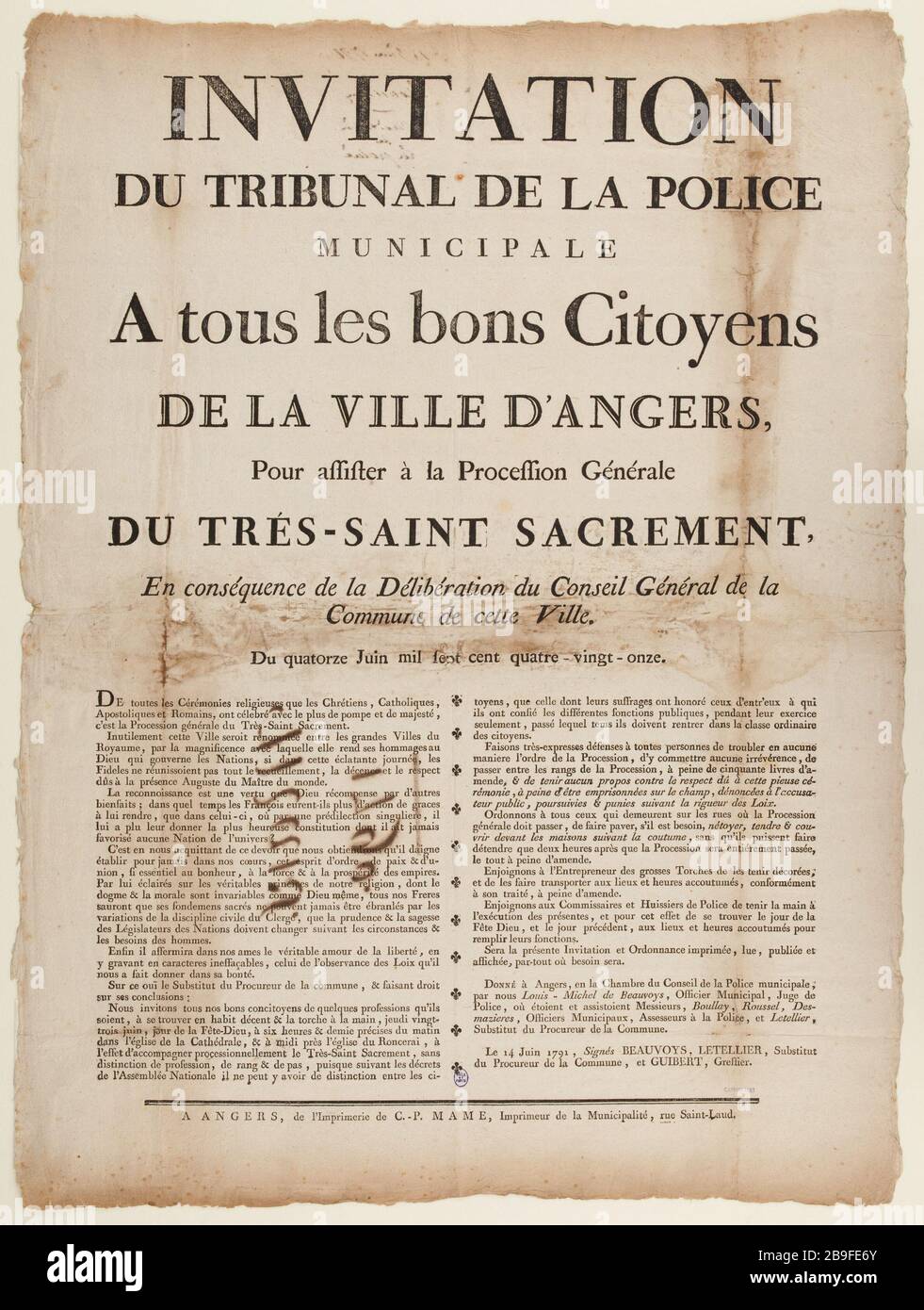 EINLADUNG DES GERICHTS DER POLIZEI GEMEINDE.PROZESSION GENERAL SEHR HEILIG ABENDMAHL ANONYME. "Einladung du Tribunal de la Police Municipale. Prozession Générale du Très-Saint-Sacrement". Tiefdruck sur bois/Typographie. Jahrhunderts. Paris, musée Carnavalet. Stockfoto