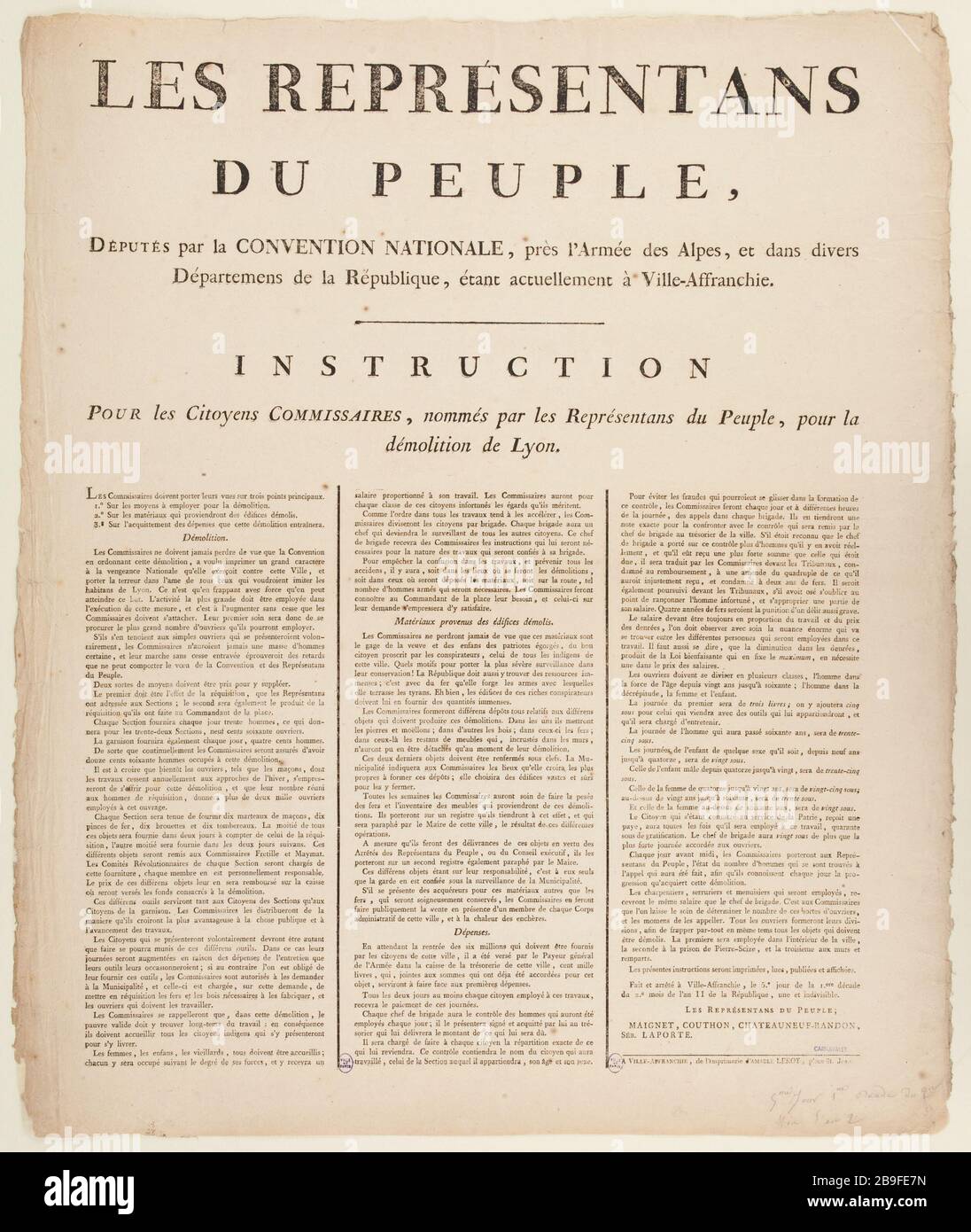 Die Vertreter der PUPLE.INSTRUCTION.POUR ABRISS VON LYON Anonyme. "Les Représentans du Peuple. Instruction pour la démolition de Lyon'. Typographie. Im Jahre 171. Paris, musée Carnavalet. Stockfoto