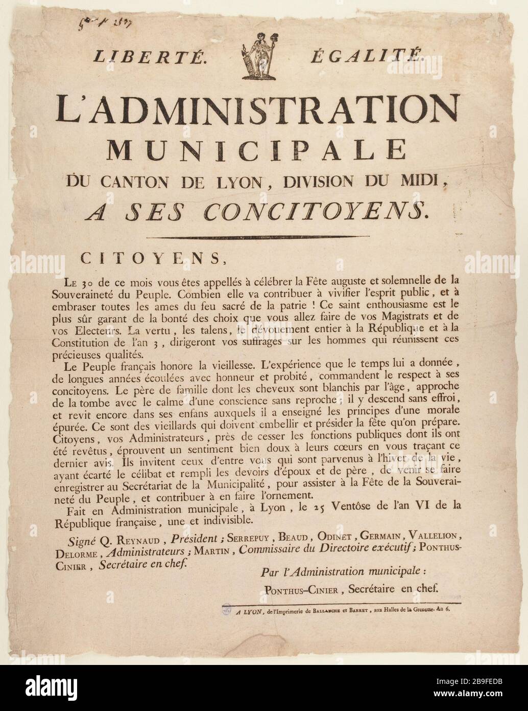 GEMEINDEVORSTAND VON ... LYON.CELEBRER PARTEI UND DER GESETZLICHE AUGUSTUS. Anonyme. "L'Administration Municipale de Lyon.célébrer la Fête auguste et solennelle." Tiefdruck sur bois/Typographie. Im Jahre 1798. Paris, musée Carnavalet. Stockfoto