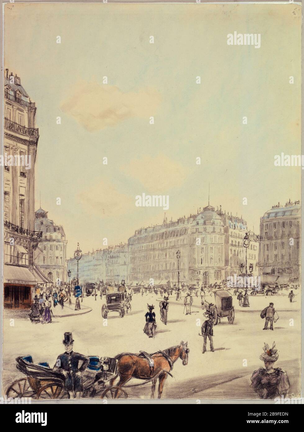 Blick auf den Opernplatz von der Straße Halevy, dem heutigen 2. Und 9. Viertel Anonyme. La Place de l'Opéra, vue de la rue Halévy, actuels 2ème et 9ème arronesements. Pierre noire et crayons de couleur, 1890-1900. Paris, musée Carnavalet. Stockfoto