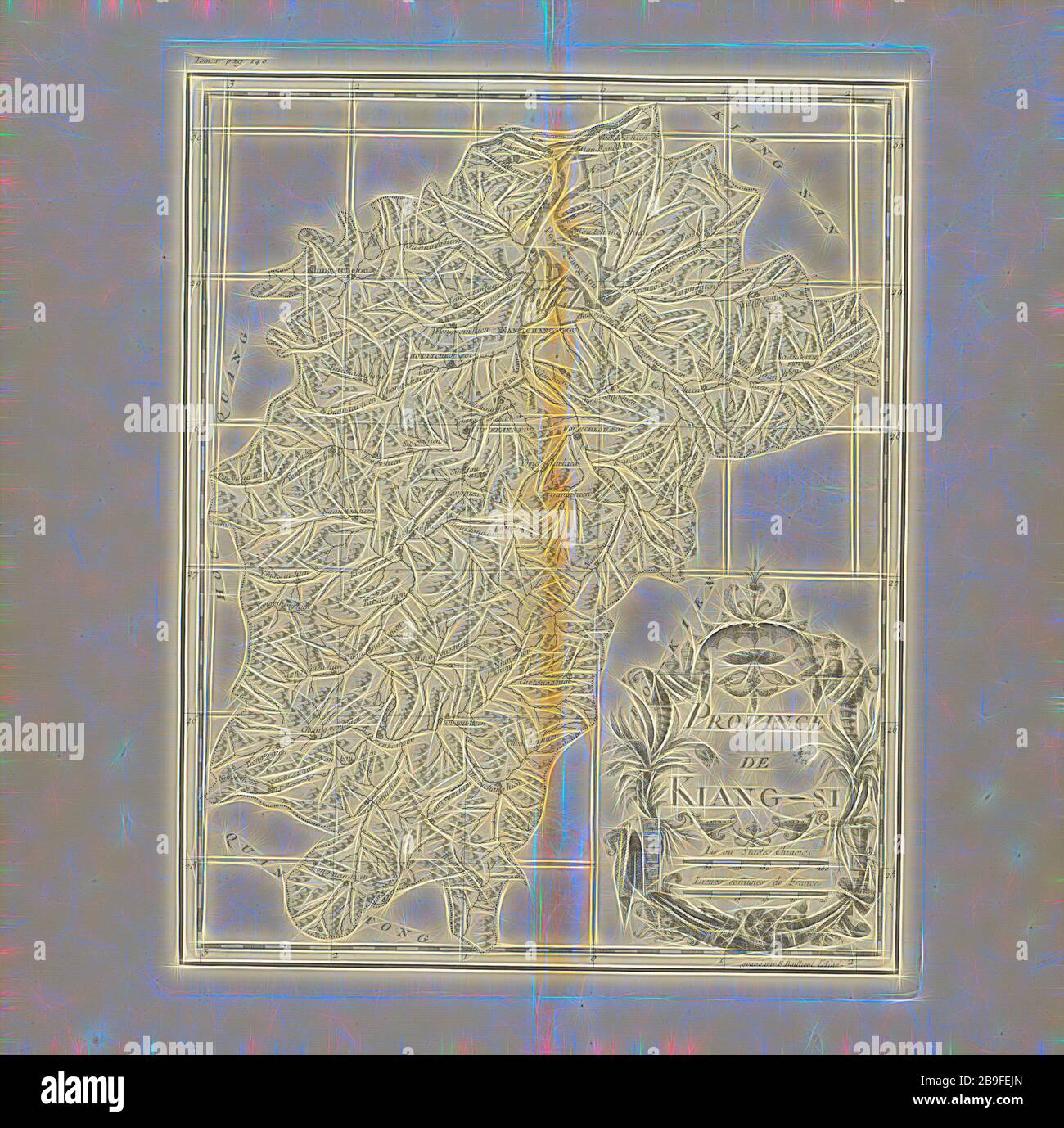 Provinz Kiang-Si, Beschreibung der Geographique, historique, chronologique, politique, et physique de l'Empire de la Chine et de la Tatarie chinoise, Baillieul, François, B. ca. 1690, Du Halde, J.-B. (Jean-Baptiste), 1674-1743, Gravur, 1735, Karte oben links: Tom I, pag 140, von Gibon neu vorgestellt, Design von warmem, fröhlichem Leuchten von Helligkeit und Lichtstrahlen. Klassische Kunst mit moderner Note neu erfunden. Fotografie, inspiriert vom Futurismus, die dynamische Energie moderner Technologie, Bewegung, Geschwindigkeit und Kultur revolutionieren. Stockfoto