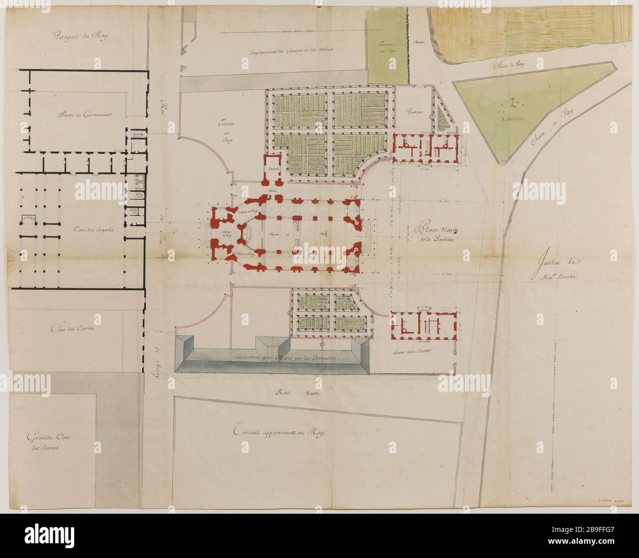 Generalplan der Pfarrei Choisy Ange-Jacques Gabriel (1698-1782). "Plan général de la paroisse de Choisy". Plume, lavis couleur. Paris, musée Carnavalet. Stockfoto