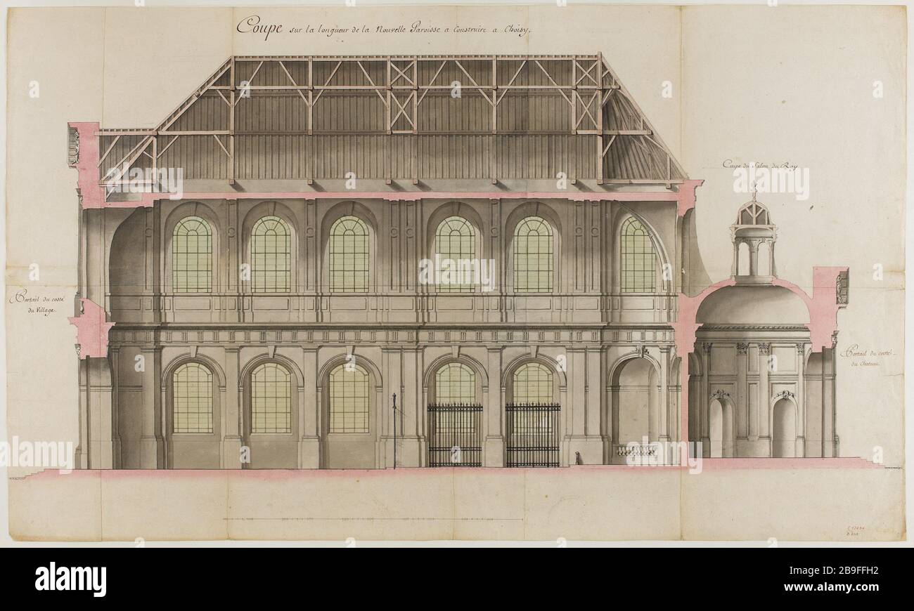 Kürzen Sie das neue Pfarrgebäude in Choisy-le-Roi Ange-Jacques Gabriel (1698-17892). "Coupe sur la longueur de la nouvelle paroisse à construire à Choisy-le-Roi". Pflaume, Lavis couleur. Paris, musée Carnavalet. Stockfoto