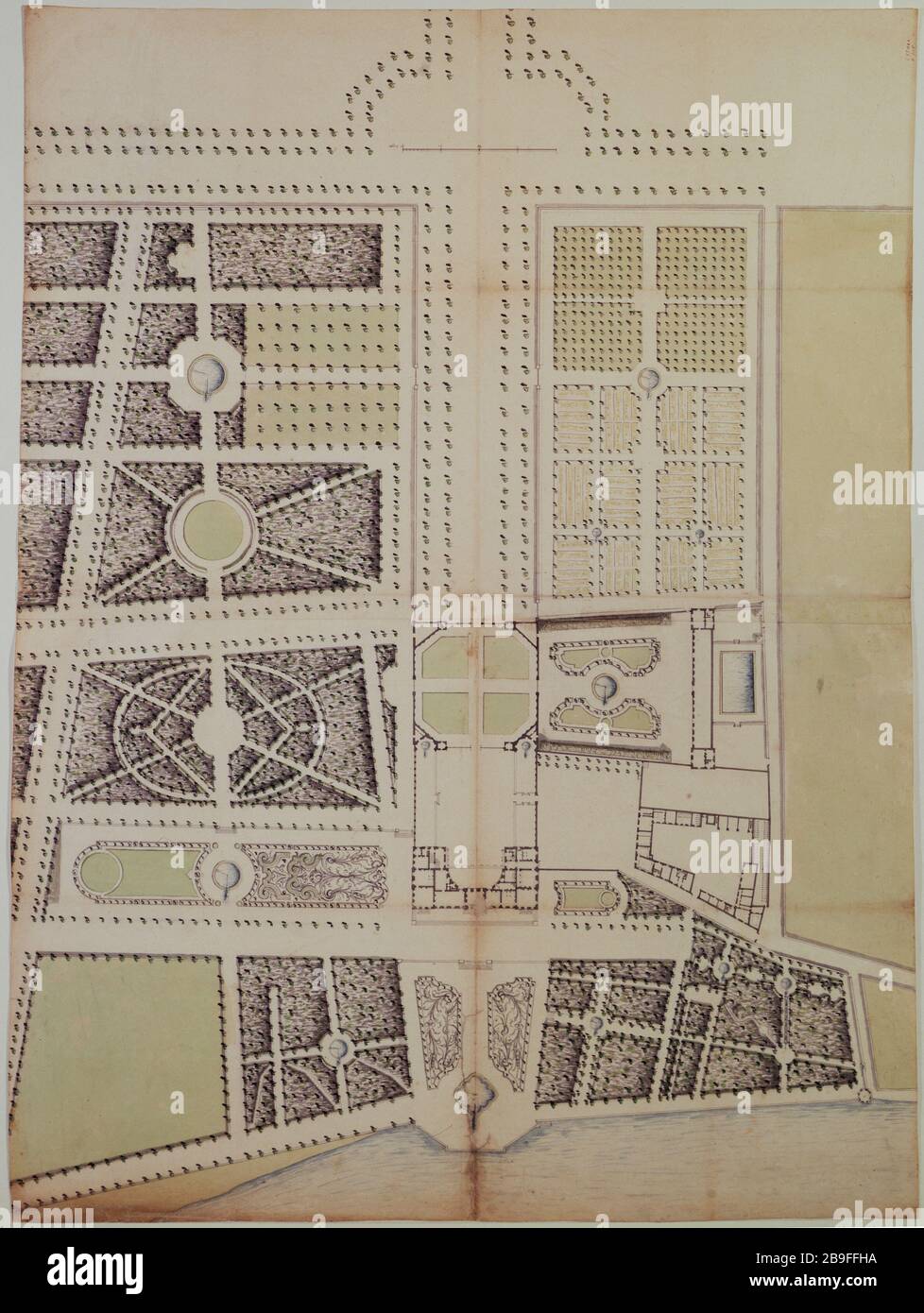 Generalplan des Schlosses und des Choisy Park Ange-Jacques Gabriel (1698-1782-892). Plan général du château et du parc de Choisy. Plume et lavis d'encre de Chine et aquarelle sur Papier. Paris, musée Carnavalet. Stockfoto
