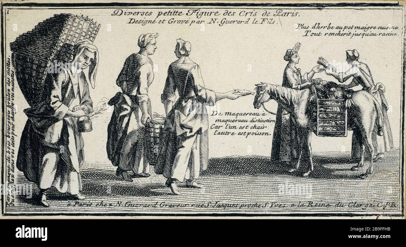 WEITERE KLEINE FIGUREN DER PARISER CREES: EINE MAKREL-MAKRELE-UNTERSCHEIDUNG ALS EIN FLEISCH IST DAS ANDERE FISCH NICOLAS GUÉRARD (FILS). "Petites figures des cris de Paris: De maquereau à maquereau distinction car l'un est chair l'autre est poisson". Lithographie. Paris, musée Carnavalet. Stockfoto