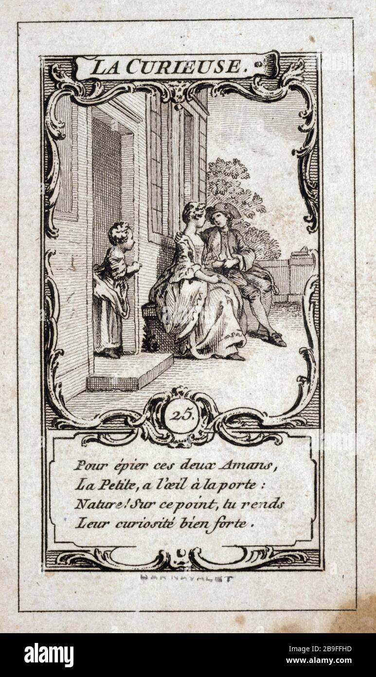 DER neugierige Hubert Gravelot (1699-1773). "La Curieuse". Tiefdruck. Paris, musée Carnavalet. Stockfoto