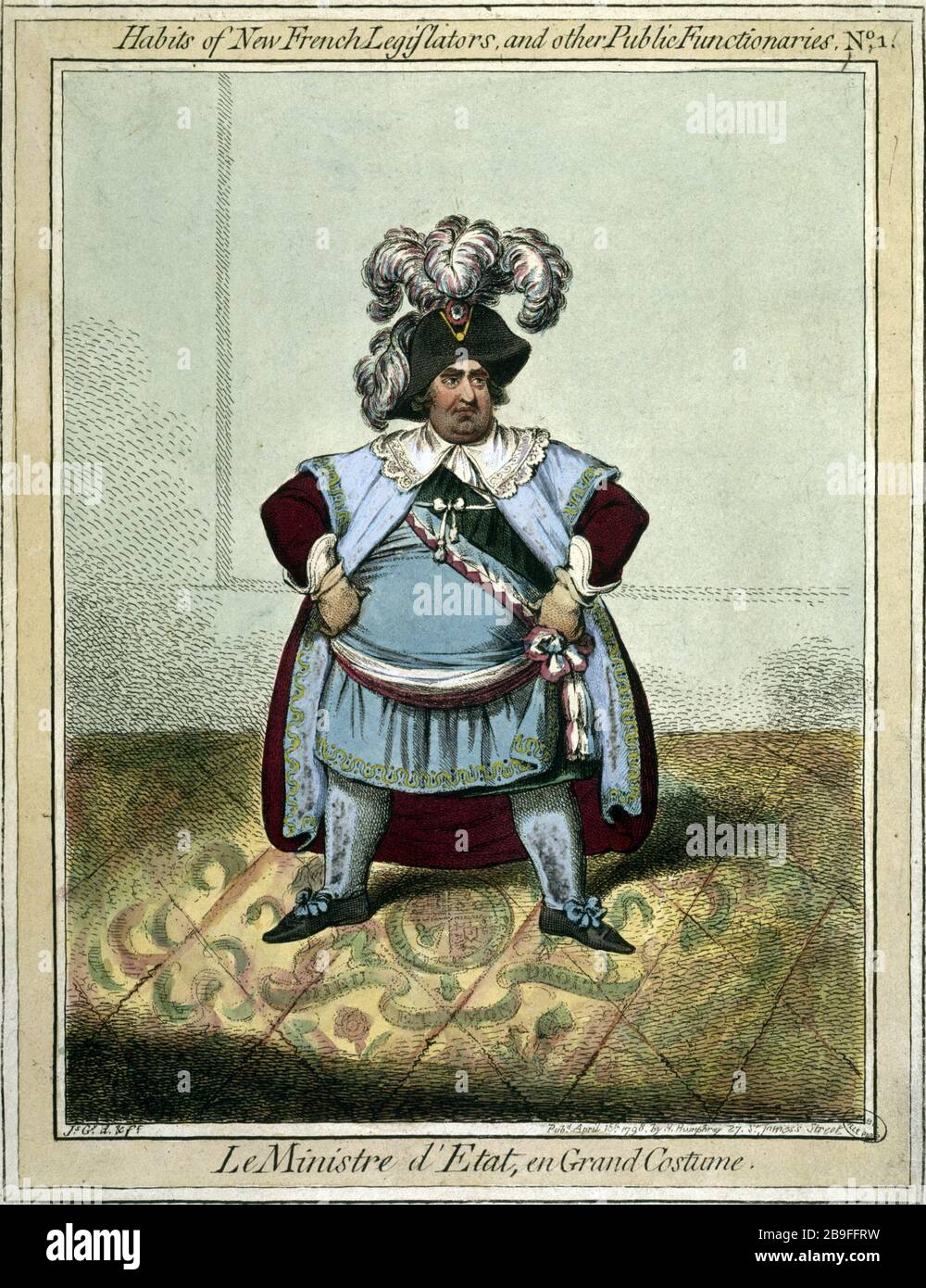 GEWOHNHEITEN NEUER FRANZÖSISCHER GESETZGEBER UND ANDERER ÖFFENTLICHER FUNKTIONÄRE, NUMERO 1 JAMES GILLRAY (1757-1815). "Gewohnheiten der neuen französischen Gesetzgeber und anderer öffentlicher Funktionäre, numéro 1: Le ministre d'Etat, en Grand Kostüm". Tiefdruck. Paris, musée Carnavalet. Stockfoto