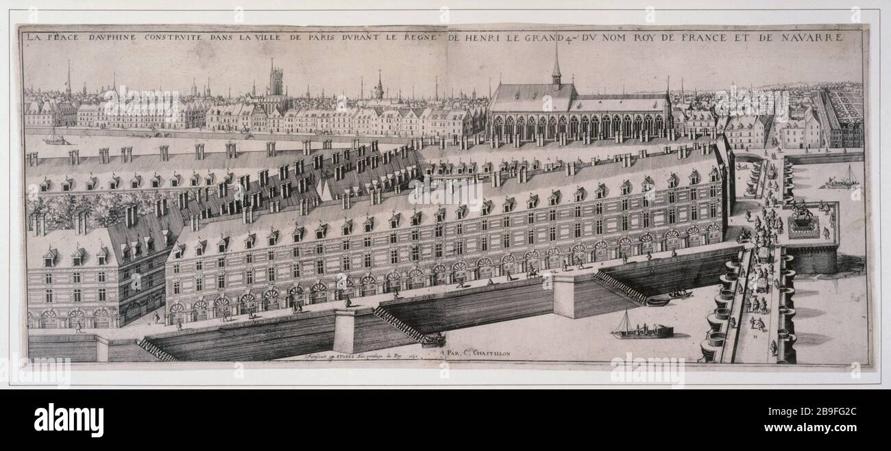 PLACE DAUPHINE BAUTE IN DER STADT PARIS WÄHREND DER HERRSCHAFT VON HEINRICH IV. DEN GROSSEN NAMEN, KÖNIG VON FRANKREICH UND NAVARRA CLAUDE CHASTILLON (1559-1616). "La Place Dauphine construite dans la ville de Paris durant le règne de Henri Le Grand IVème du nom, Roi de France et de Navarre, 1640". Paris, musée Carnavalet. Stockfoto