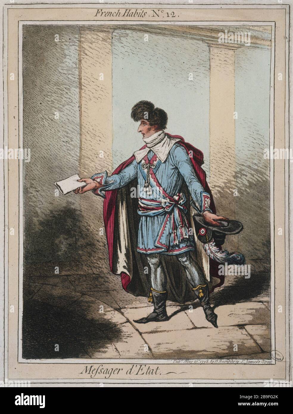 FRANZÖSISCHE KLEIDUNG NUMMER 12: STAATSBOTE JAMES GILLRAY (1757-1815). "Französische Gewohnheiten, tauméro 12: Messager d'Etat". Paris, musée Carnavalet. Stockfoto