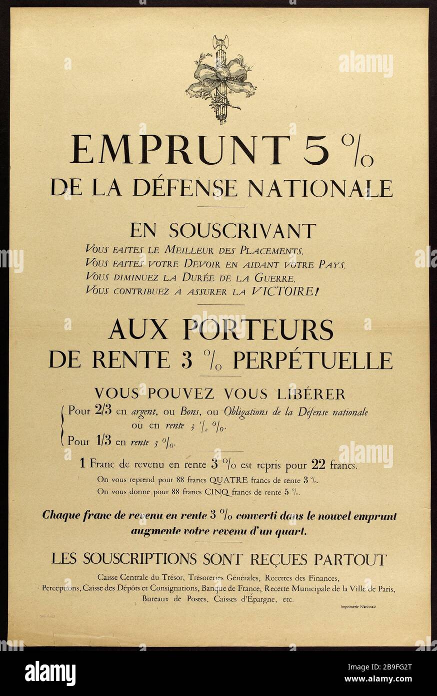 5% DER NATIONALEN VERTEIDIGUNG DURCH DIE UNTERZEICHNUNG DER BESTEN INVESTITION, DIE SIE TUN IHRE PFLICHT, INDEM SIE IHREM LAND HELFEN, VERRINGERN SIE DIE DAUER DES KRIEGES, SIE TRAGEN DAZU BEI, DEN SIEG ZU SICHERN! Guerre 1914-1918. Affiche politique. Emprunt 5% de la Défense nationale. "En souscrivant vous faites le meilleur des placements, voites faites votre devoir en aidant votre pays, vous diminuez la durée de la guerre, vous contribuez à assurer la victoire! '. Imprimerie Nationale. Lithographie N. et B. et Typographie. Im Jahre 1515. Paris, musée Carnavalet. Stockfoto