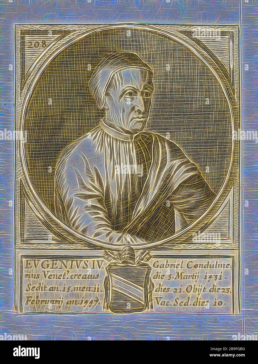 Porträt von Papst Eugene IV., Cronologia summorum romanorum pontificum, Gravur, Ca. 1805, von Gibon neu vorgestellt, Design von warmem, fröhlichem Leuchten von Helligkeit und Lichtstrahlen. Klassische Kunst mit moderner Note neu erfunden. Fotografie, inspiriert vom Futurismus, die dynamische Energie moderner Technologie, Bewegung, Geschwindigkeit und Kultur revolutionieren. Stockfoto