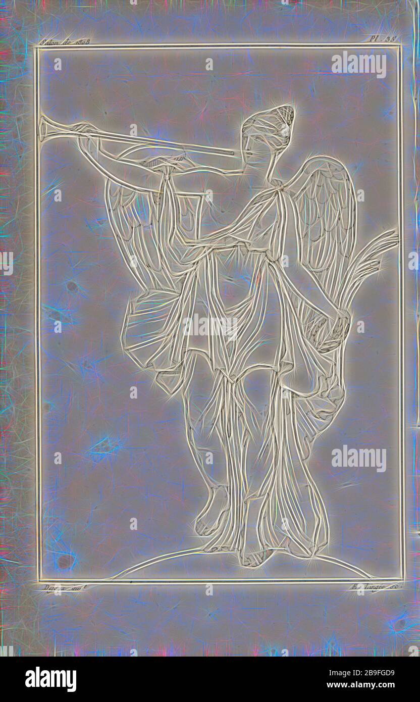 La Renommée, Statue par M. Dejoux, Annales du musée et de l'école moderne des beaux-arts: recueil de gravures au trait, d'après les principaux ouvrages de peinture, sculpture, ou projets d'Architecture, qui, chaque année, ont remporté le prix, soit aux écols spécols, celles cales: Les productions des artistes en tous Genres, qui, aux différentes expositions, ont été citées avec éloges: Les morceaux les plus estimés ou inédits de la galerie de peinture. . ., Dejoux, Claude, 1732-1816, Lingée, Eléonore, B. ca. 1753, Radierung, von Gibon, neuerlicher Entwurf von warmer fröhlicher gl Stockfoto