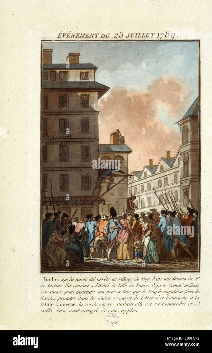 ALPTRAUM VOLLER DIE LATERNE Jean-François Janinet (1752-1814). "Evénement du 23 juillet 1789 - supplice de Foulon à la lanterne, Place de Grève". Tiefdruck. Paris, musée Carnavalet. Stockfoto