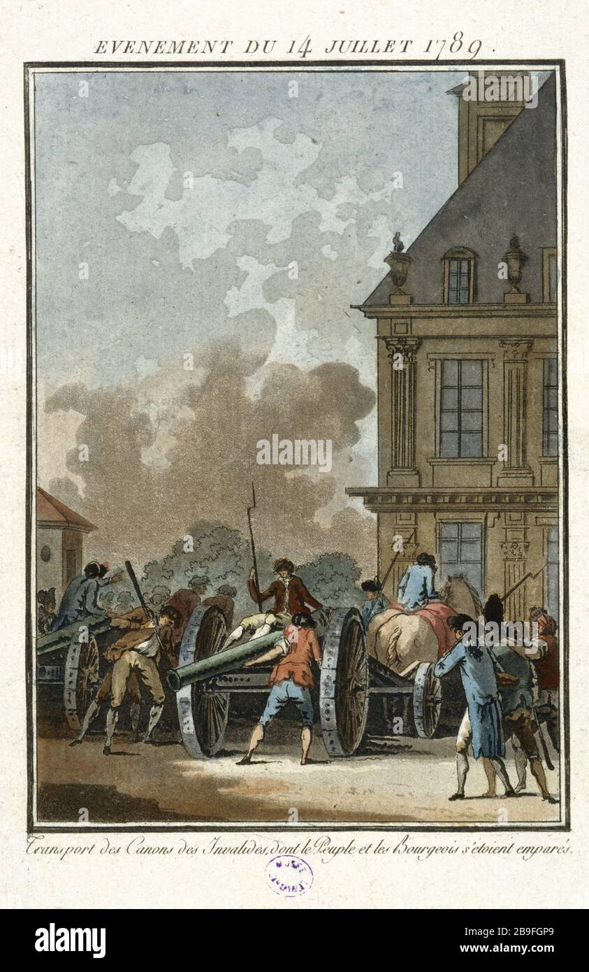 EREIGNIS VOM 14. JULI 1789 - WAFFENTRANSPORT UNGÜLTIG, das VOLK UND DIE BOURGEOISIE hatten Jean-François Janinet (1752-1814) beschlagnahmt. "Evénement du 14 juillet 1789 - Transport des Canons des Invalides, dont le peuple et les bourgeoise s'étaient emparés". Tiefdruck. Paris, musée Carnavalet. Stockfoto