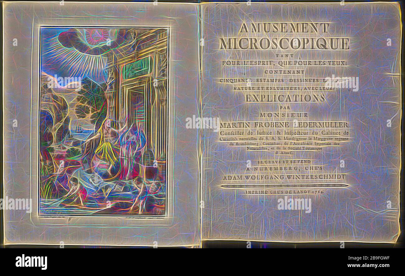 Frontispiz und Titelseite von Band 1, Musement microscopique tant pour l'esprit, que pour les yeux: Contenant cinquante estampes dessinées d'après nature et enluminées, avec leurs explacations, Ledermüller, Martin Frobenius, 1719-604, Preissler, Johann Justin, 1698-171, Gravur, 1764-68-668, von Gibon neu gestaltet, Design von warmem Glanz von Helligkeit und Lichtstrahlen. Klassische Kunst mit moderner Note neu erfunden. Fotografie, inspiriert vom Futurismus, die dynamische Energie moderner Technologie, Bewegung, Geschwindigkeit und Kultur revolutionieren. Stockfoto