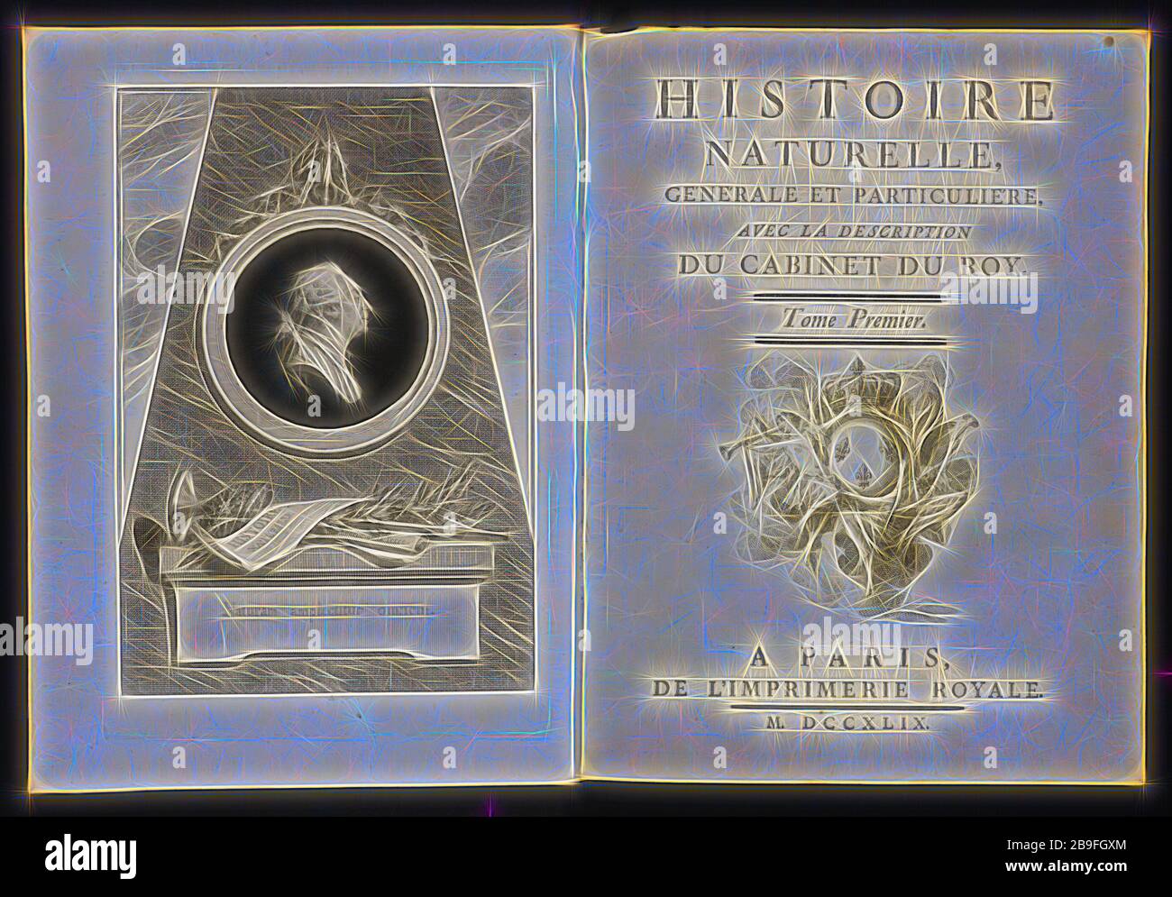 Frontispiece und Titelseite, Histoire naturelle, générale et particulière: Avec la description du Cabinet de roi, Buffon, Georges Louis Leclerc, comte de, 1707-1708, Gravur, 1749-1803, von Gibon neu vorgestellt, Design von warmem, fröhlichem Leuchten von Helligkeit und Lichtstrahlen. Klassische Kunst mit moderner Note neu erfunden. Fotografie, inspiriert vom Futurismus, die dynamische Energie moderner Technologie, Bewegung, Geschwindigkeit und Kultur revolutionieren. Stockfoto