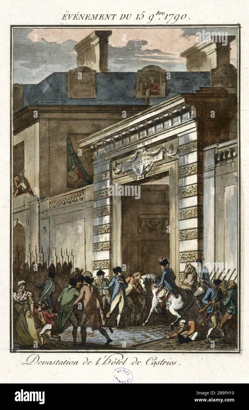 DIE VERANSTALTUNG vom 15. November, um das Jahr um das Jahr, in dem DAS HOTEL DE CASTRIES Jean-François Janinet (1752-1814) ZERSTÖRT wurde, ist ein Ereignis. "Evénement du 15 novembre um das Jahr um das Jahr um das Jahr um die Hôtel de Castries". Tiefdruck. Paris, musée Carnavalet. Stockfoto