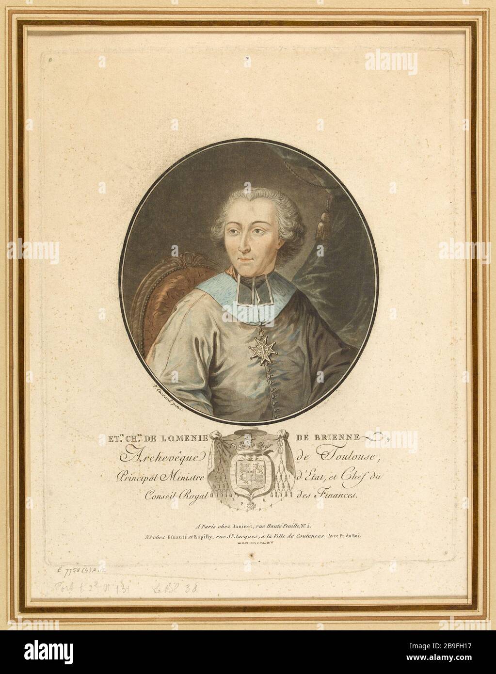 Porträt von E. C. Lomenie Brienne, Erzbischof von Toulouse. Jean-François Janinet (1752-1814). "Portrait de E.C. de Loménie de Brienne, archevêque de Toulouse". Paris, musée Carnavalet. Stockfoto