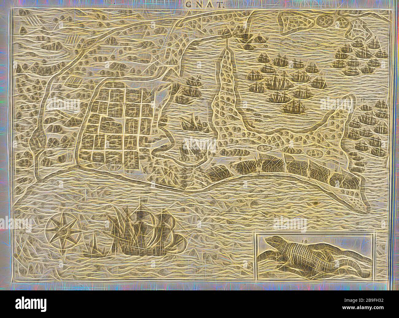 Occidentalis Indiae Franciscvs Draco Carthagenam civitatem expvgnat, Americae Pars VIII., Bry, Johann Theodor de, 1561-1623?, Gravur, M.DC.XXV, 1625, von Gibon neu erdacht, Design von warmem, fröhlichem Leuchten von Helligkeit und Lichtstrahlen. Klassische Kunst mit moderner Note neu erfunden. Fotografie, inspiriert vom Futurismus, die dynamische Energie moderner Technologie, Bewegung, Geschwindigkeit und Kultur revolutionieren. Stockfoto