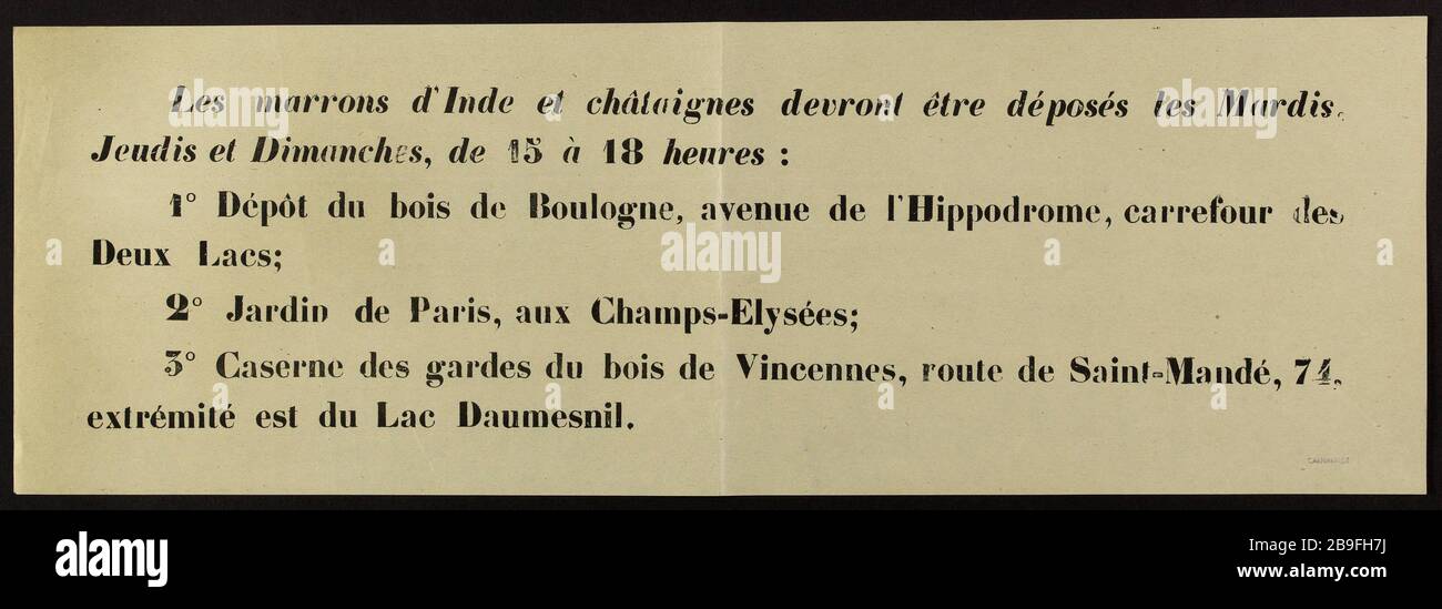 Die Pferdekastanien, Kastanien müssen dienstags, donnerstags und sonntags von 15 bis 18 Stunden deponiert werden: 1 Grad Deposit das "Boulogne Avenue Hippodrome", Kreuzung zweier Seen Anonyme. Les marrons d'Inde et châtaignes devront être déposés les Mardis, Jeudis et Dimanches, de 15 à 18 heures: 1 Dépôt du bois de Boulogne, Avenue de l'Hippodrome, carrefour des Deux Lacs. Typographie. 1917. Paris, musée Carnavalet. Stockfoto