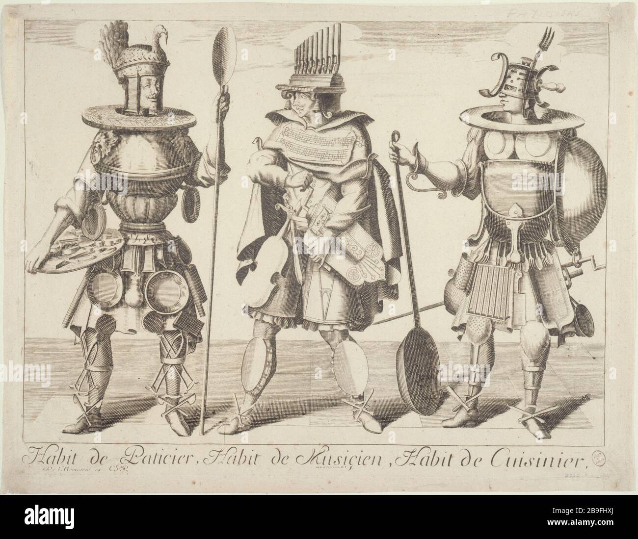 GEWOHNHEIT DES KONDITORS UND MUSIKERS 'Habit de pâtissier, Habit de musicien et Habit de cuisinier', Tiefdruck de Nicolas II Larmessin, l'aîné (1638-1694). Paris, musée Carnavalet. Stockfoto