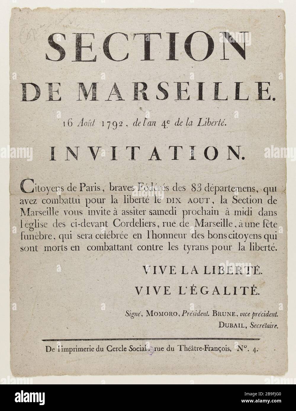 DIVISION MARSEILLE, 16. August 173..EINLADUNG Anonyme. "Section de Marseille, 16 août 173..Invitation". Typographie. 17992. Paris, musée Carnavalet. Stockfoto