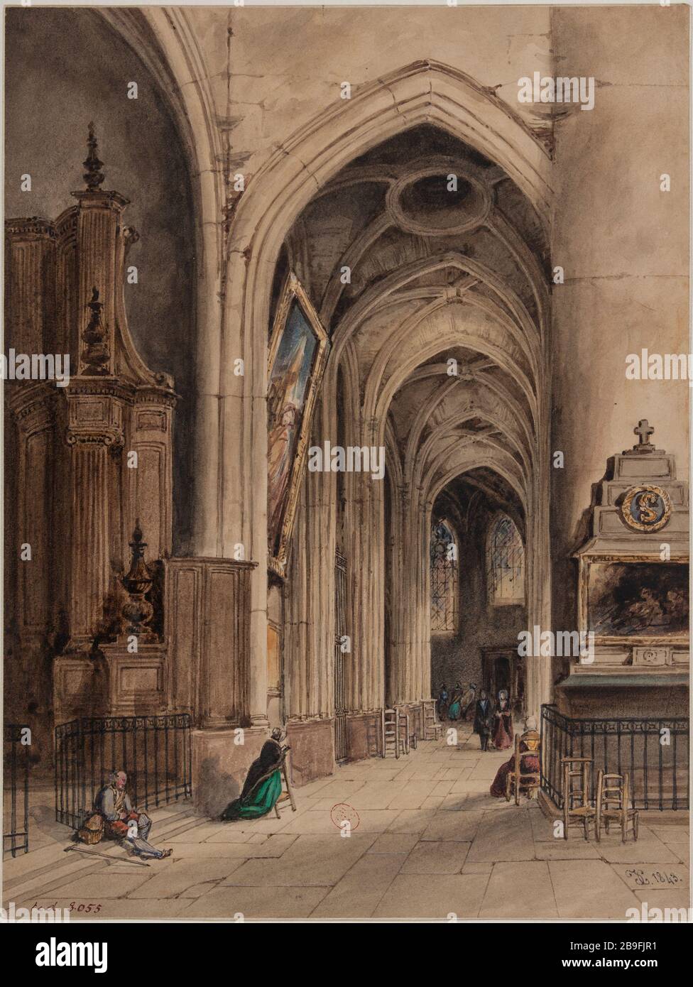 Innerhalb der Kirche Saint-Gervais-St.-Protais, 2 Francois Miron Straße, aktueller 4. Bezirk. Geslin, Jean-Charles (1814-1887). Intérieur de l'église Saint-Gervais-Saint-Protais, 2 rue François-Miron, actuel 4ème arronoire. Aquarelle, encre et gouache (?). Paris, musée Carnavalet. Stockfoto