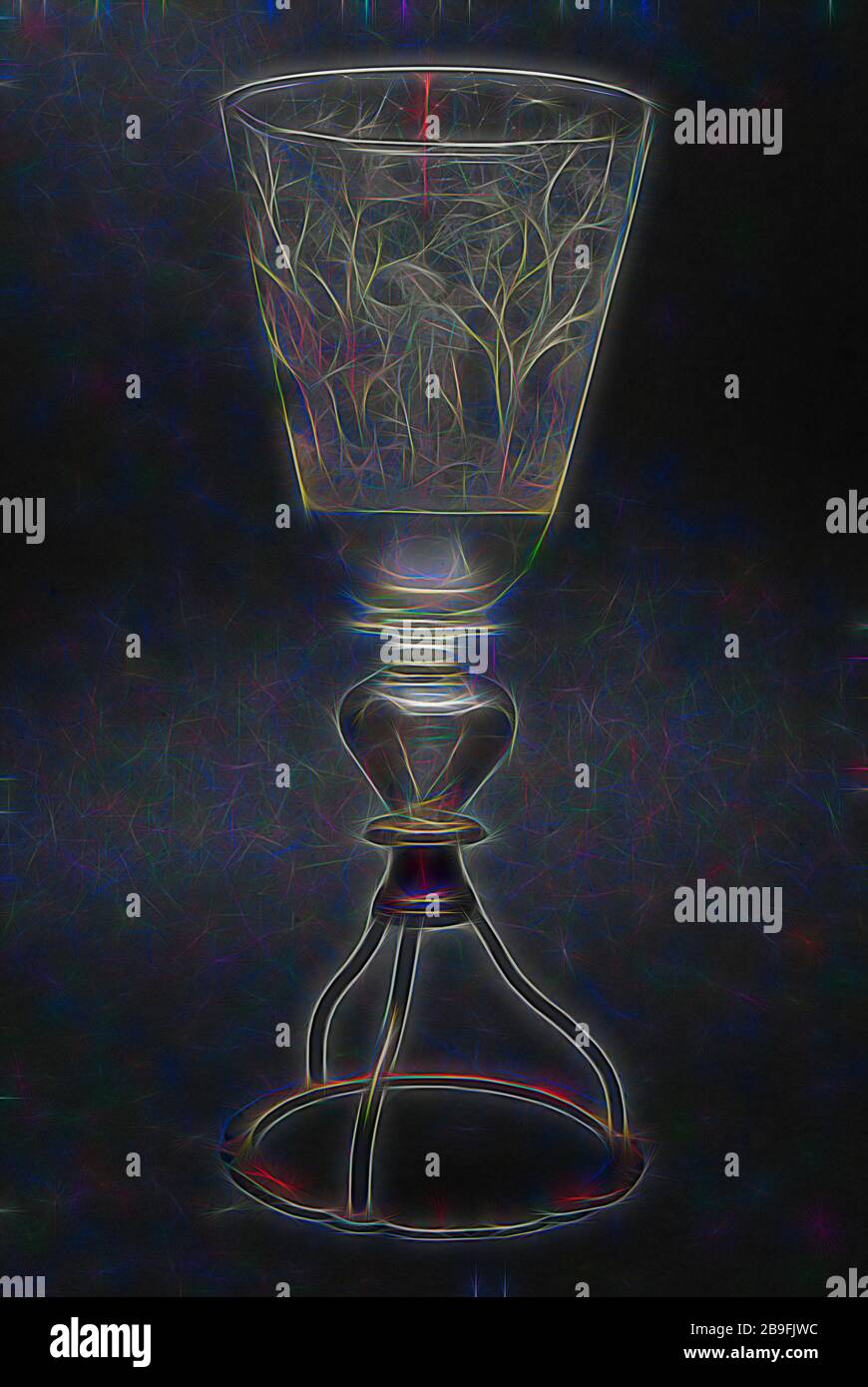 Chalice in Façon de Venise Stil, mit pastorale Szene graviert, Weinglas Trinkglas drinkware Geschirr halter Glas Silber, frei geblasen und bildeten diamond Gravur Becher Wein Glas in Façon de Venise Stil in klare, farblose (grauen Farbton) aus Glas. Im 20. Jahrhundert stand Silber Ring mit drei nach oben gebogene unterstützt, um verbleibenden Rumpf befestigen. Rückwärts balustere mit hohlen tropfenförmige Taste zu den flachen Knoten. Auf hohen Knoten hohen Trichterförmigen Kelch (h 11 cm - 9,3 cm) Diamant mit auf pastorale Szene von zwei shepherdesses Shepherd Ram drei Schafe mehrere Vögel fünf Bäume graviert und Seve Stockfoto