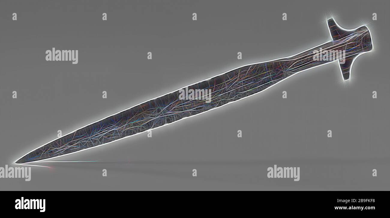 Klinge, wahrscheinlich von fränkischer Flügellanze, Blattlanzenarmboden fand Eisenmetall, geschmiedet drapierte schmale lanzettförmige Blätter, in denen der "Wurmbund" dreischichtig verziert ist; darüber rautenförmige Dekoration auf beiden Seiten; trapezförmige (Unterseite) Flügel mit zwei Kerben und Verdickung an jedem Ende; Auf dem Schaft auf vier Seiten kegelförmige Kanneluren; unter den Flügeln auf beiden Seiten kleine Loch-Archäologie Rotterdam-Krieg Maas wienenoordwug Franken smid Militaria Bodenfindung durch Sandsaugbagger an der ersten Wienenoordbrücke ausgebaggert Stockfoto