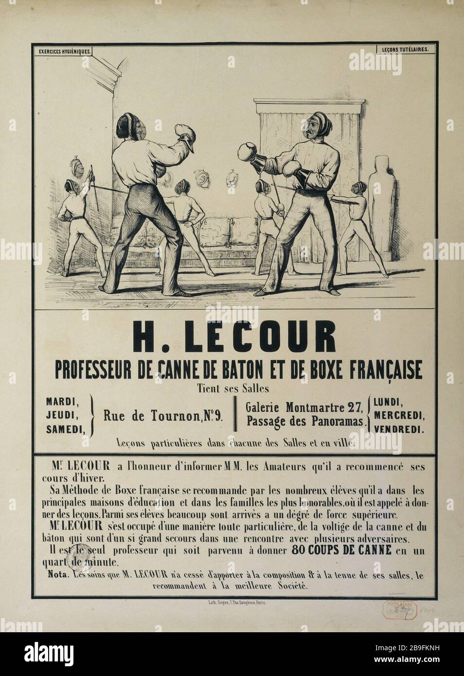 H.LECOUR, PROFESSOR FÜR ROHRSTOCK UND FRANZÖSISCHES BOXEN "H.Lecour, Professeur de Canne, de Bâton et de Boxe Française". Affiche. Lithographie N. et B. Paris, musée Carnavalet. Stockfoto