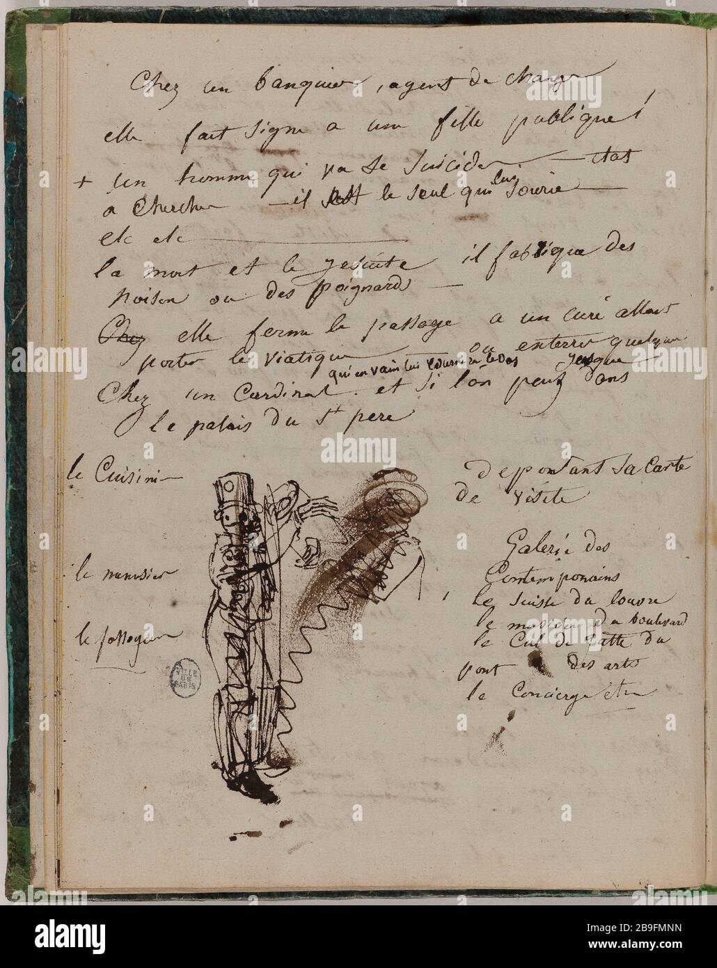 SKIZZENBUCH FÜR "REISE IN DIE EWIGKEIT": "TOD UND BERUF". Jean-Jacques Grandville (1803-1847). Carnet de croquis pour 'Voyage pour l'Eternité': 'La mort et une Profess'. Plume et encre brune. Vers 1830. Paris, musée Carnavalet. Stockfoto