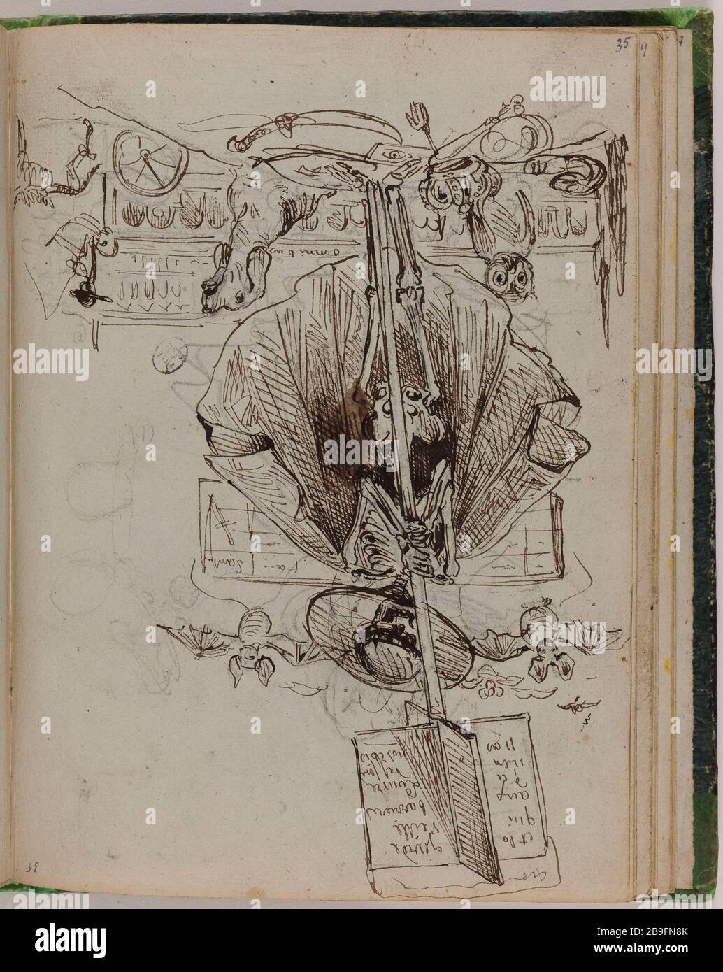 SKIZZENBUCH FÜR "REISE IN DIE EWIGKEIT": PROJEKT, DAS IM FRONTISPIZ "REISE IN DIE EWIGKEIT JEAN-JACQUES GRANDVILLE (1803-1847) NICHT VERWENDET WIRD. Carnet de croquis pour 'Voyage pour l'Eternité': Projet non remanu pour le frontispice du 'Voyage pour l'Eternité'. Plume, encre brune et rehauuts à l'encre de Chine sur traits au crayon. Vers 1830. Paris, musée Carnavalet. Stockfoto