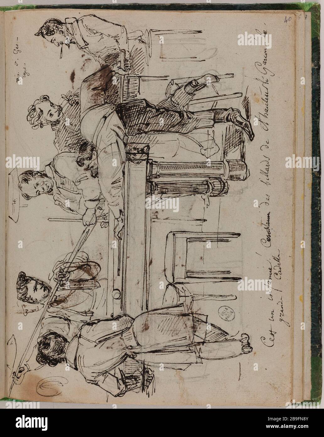 SKIZZENBUCH FÜR DEN "TRIP FOR ETERNITY"-SPIELERPOOL JEAN-JACQUES GRANDVILLE (1803-1847). Carnet de croquis pour 'Voyage pour l'Eternité': 'Joueurs de Billard'. Plume, encre brune et de Chine sur traits au crayon. Vers 1830. Paris, musée Carnavalet. Stockfoto