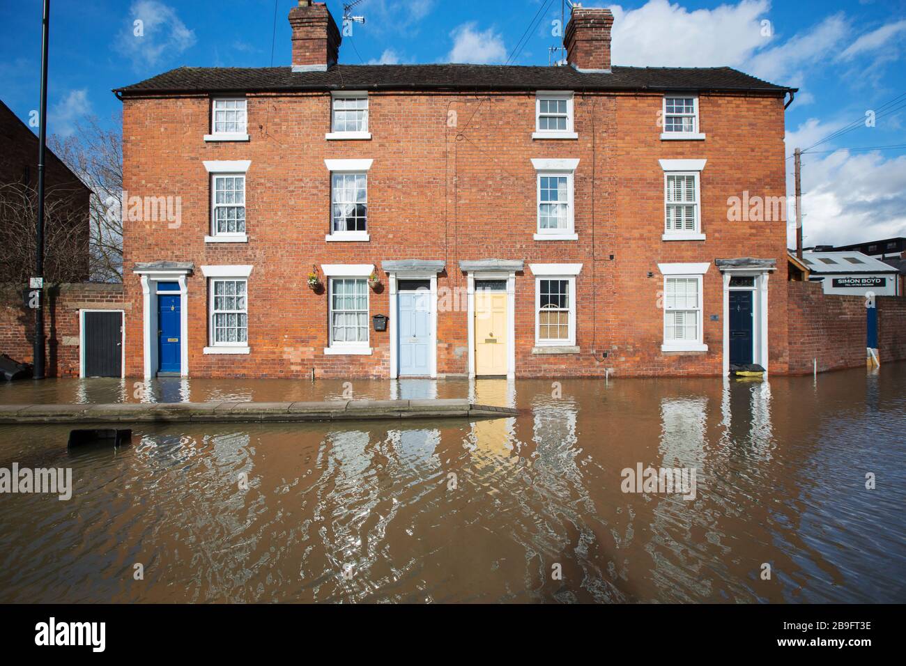 Shrewsbury überschwemmte den Fluss Severn, nachdem der feuchteste Februar, der jemals in Großbritannien verzeichnet wurde, Februar 2020. Stockfoto