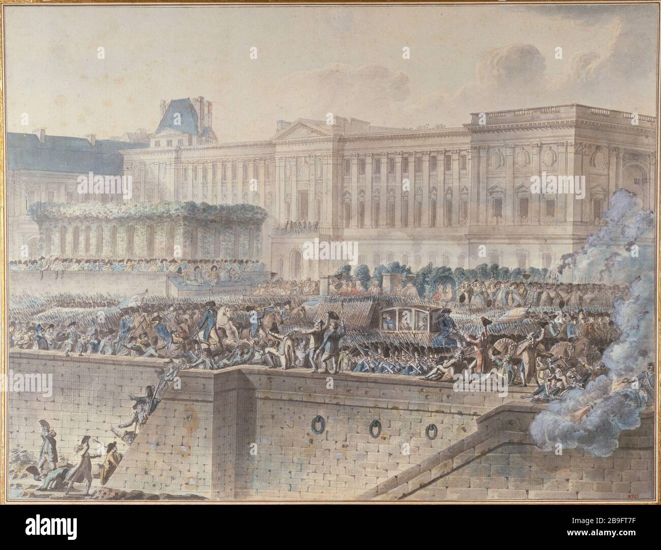 LOUIS XVI. GEHT ZUM LOUVRE UND ERREICHT DIE HOTELSTADT AM 17. JULI 1789 JEAN-PIERRE HOUEL (1735-1813). "Louis XVI passant devant le Louvre pour se rendre à l'Hôtel de Ville le 17 juillet 1789". Dessin. Paris, musée Carnavalet. Stockfoto
