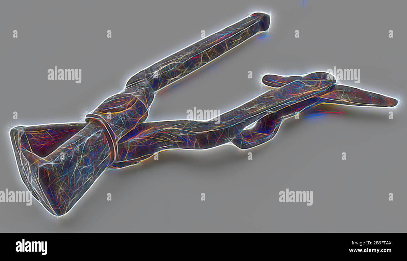 Eiserne Zangen mit zwei Scharniergriffen mit verschiedenen Enden, Zangenwerkzeugsatz Erde finden Eisenmetall, aktuelle Form) geschmiedete kleine Eisenzange mit dreieckig geformtem Kiefer und zwei ungleichen Beinen. Ein Bein endet in einem Knopf, das andere Häuser bewegliches Messer einfache lineare Dekorationsfunktion Unbekannte Archäologie Rotterdam-City-Dreieck Delftsevaart Schnitt verpressen Arbeit Handwerk Bodenentdeckung der teilweise Rückgewinnung der Delftse Vaart hier zum Zweck, den Aufzug über den Vaart im Sommer zu machen 1928 Stockfoto