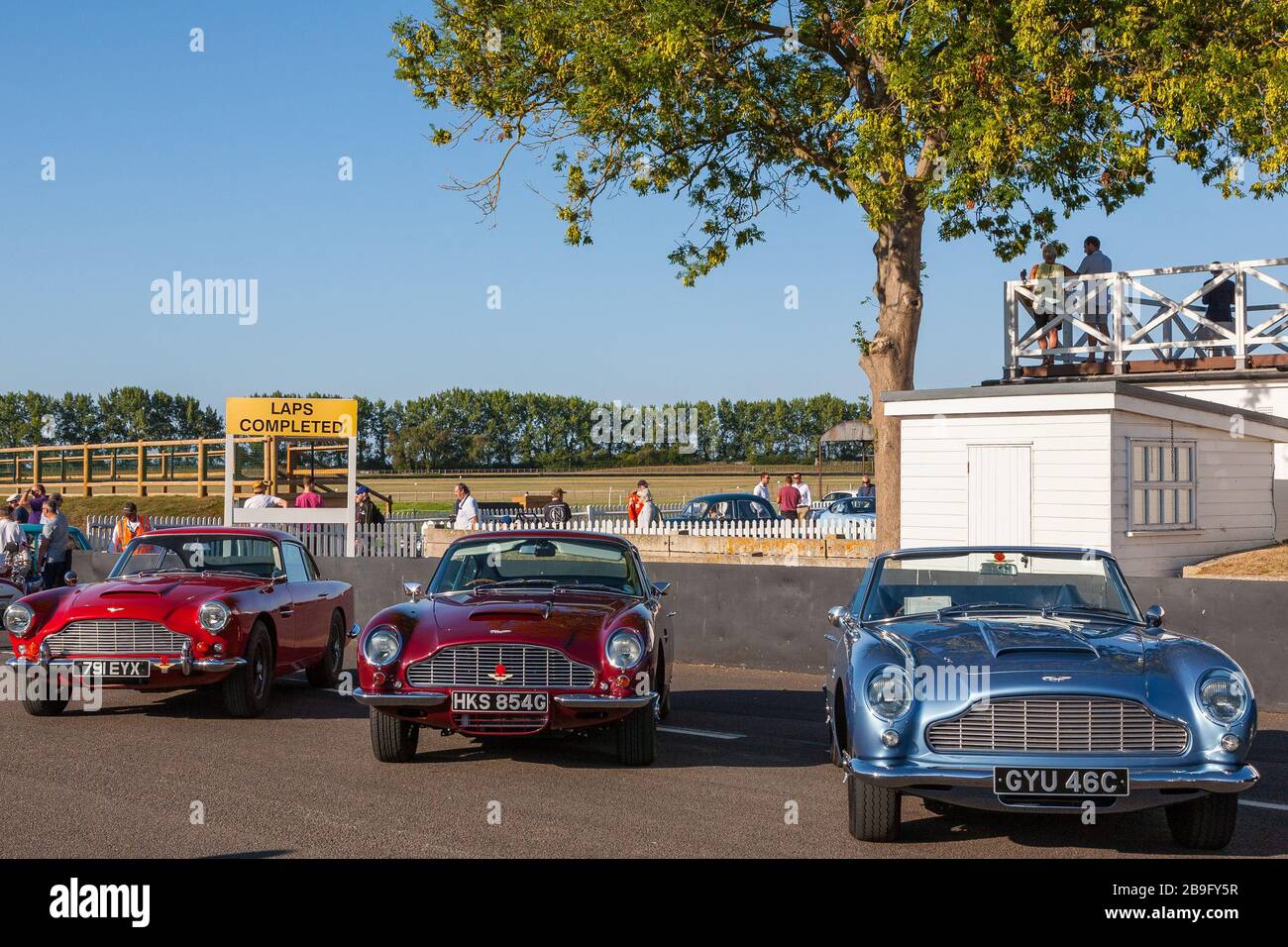 Drei Aston Martins parkten im Goodwood Breakfast Club, Classic Car Sunday Stockfoto