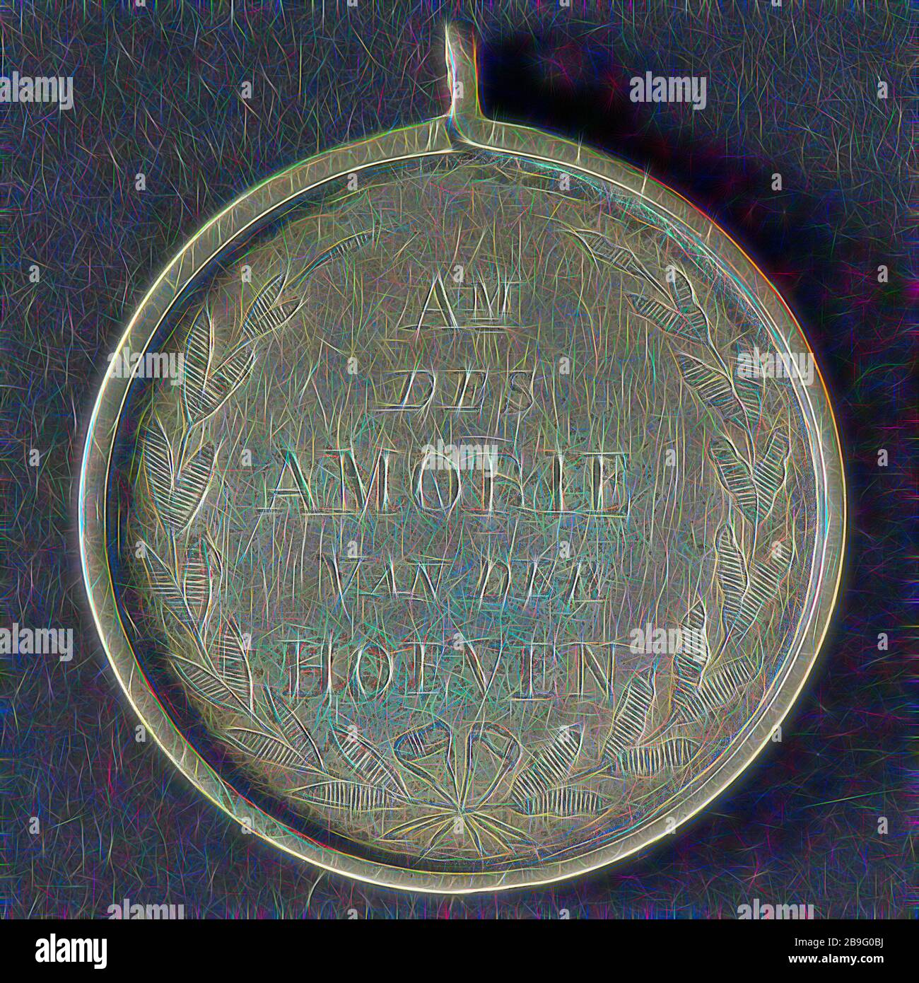 Medaille auf Abraham des Amorie van der Hoeven, penning Material Silber, graviert, zusammen gebunden Lorbeeren und graviertem Text, BIN DES AMORIE VAN DER HOEVEN (alle graviert) Prediger reverend Kirche remonstrant Rotterdam Stockfoto