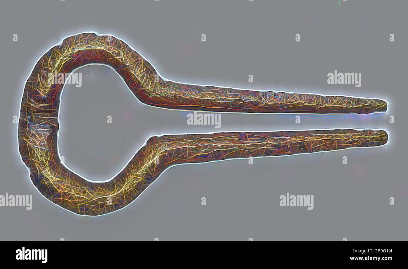 Mundharfe, Auge mit zwei spitzen Zähnen, Mund-Harfe-Musikinstrument Klangmedium Boden finden Sie bronzenes Metall, gegossenes Mund-Harfenauge mit zwei spitzen, sich verjüngenden Zähnen. Klingende viwatorische Naht fehlende Archäologie Rotterdam-Kralingen-Crooswijk Struisenburg Oostmaaslaan Musikbodenfindung: Oostmaaslaan am Standort des Schieland-Pumpwerks Stockfoto