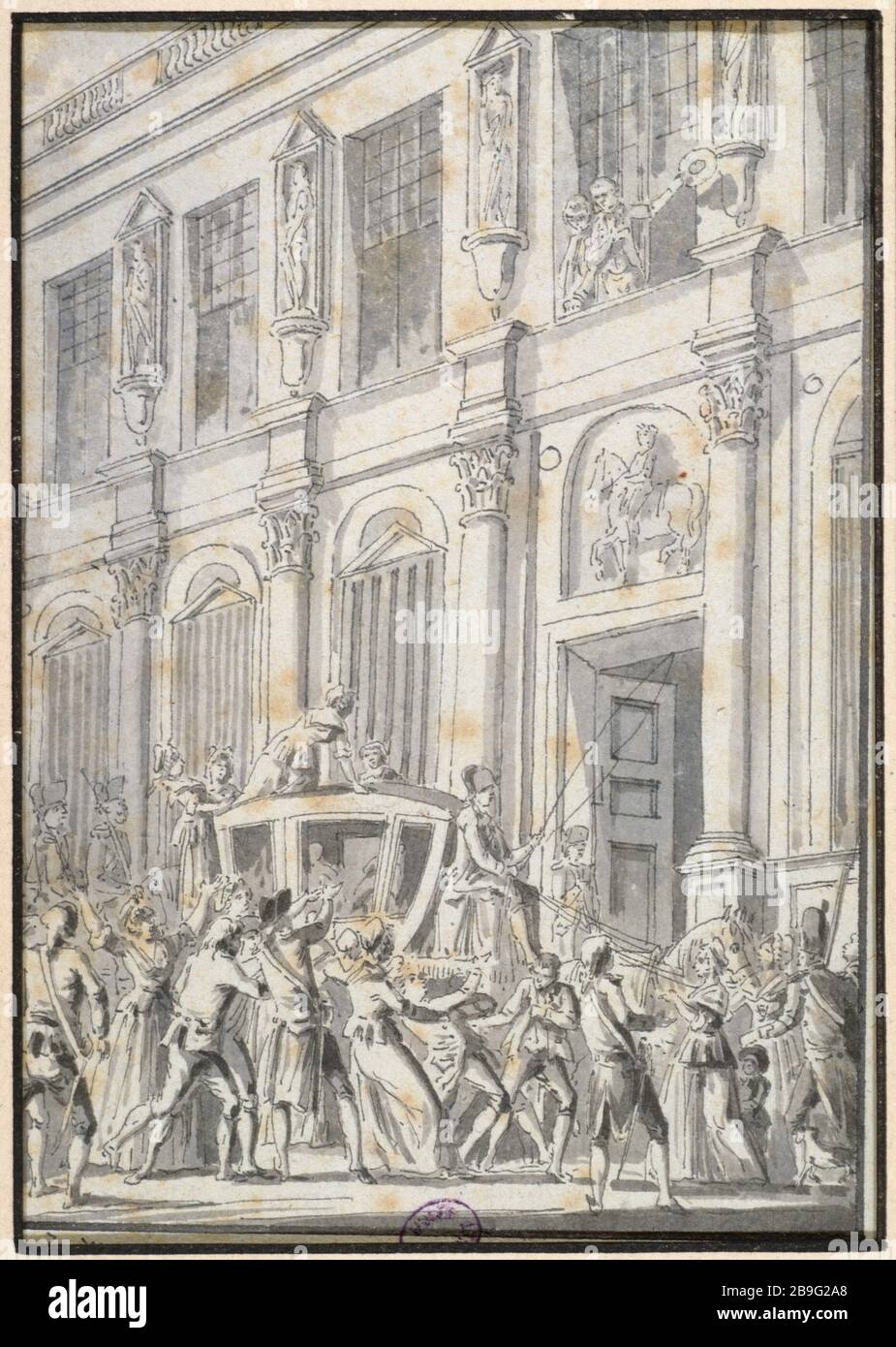 LUDWIG XVI., UM EIN FENSTER DES RATHAUSES JEAN-FRANÇOIS JANINET (1752-1814) ZU SEHEN. "Louis XVI se montre à l'une des fenêtres de l'Hôtel de Ville". Paris, musée Carnavalet. Stockfoto