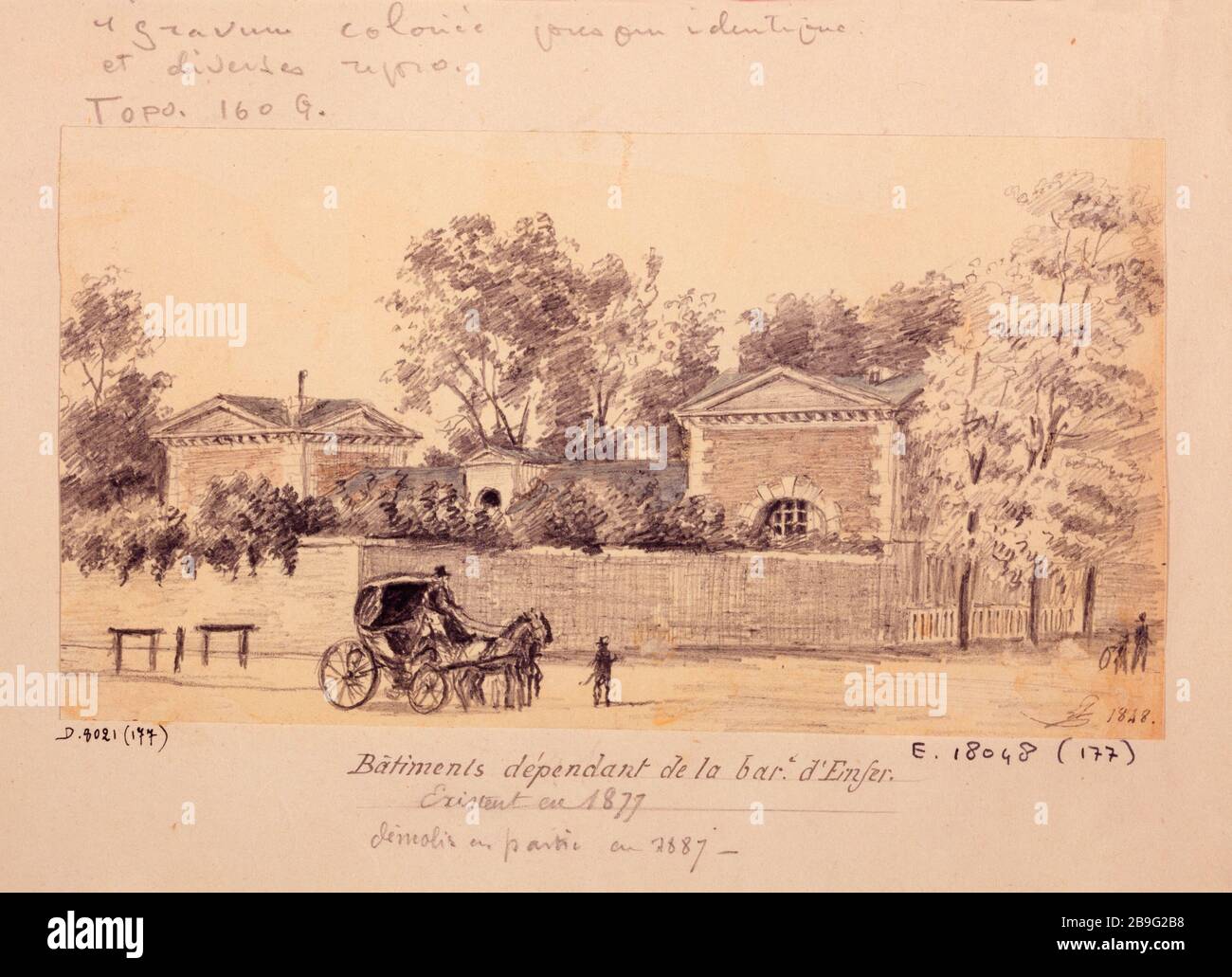 Gebäude, die vom Barriere d'Enfer, 14. Pariser Bezirk, 1848 Léon Leymonnerye (1803-1879) abhängig sind. Bâtiments dépendant de la barrière d'Enfer. Paris (XIVème arr.), 1848. Crayon, lavis de couleur. Paris, musée Carnavalet. Stockfoto