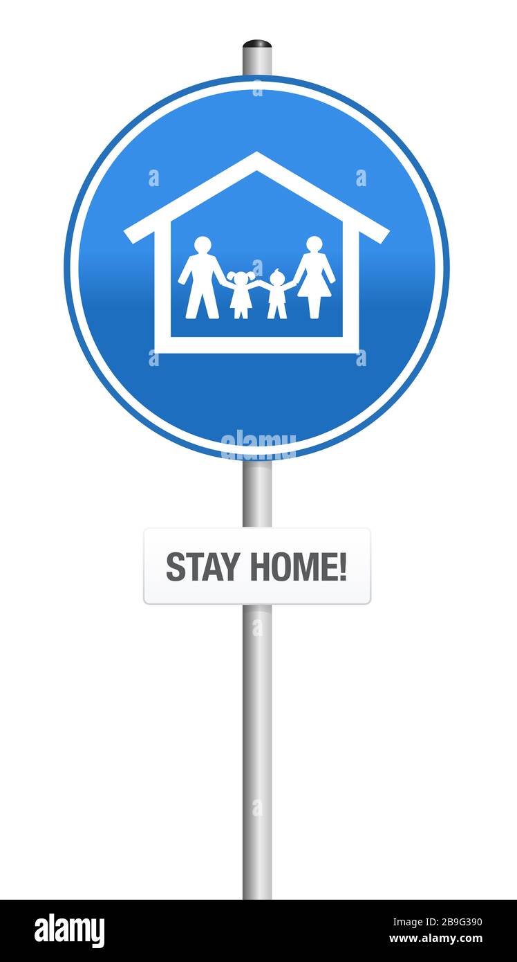 Wegweiser für zu Hause bleiben. Selbstquarantäne-Piktogramm einer Familie, die allein in ihrem Haus wohnt - Abbildung auf weißem Hintergrund. Stockfoto